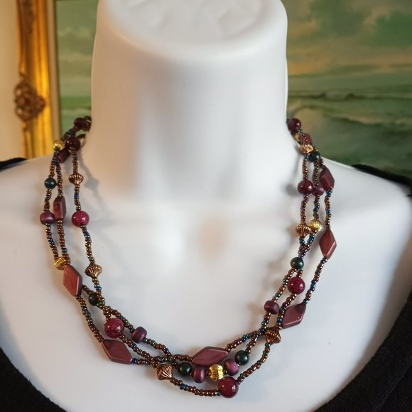 Purple Deep Blue Gold 3-Strand EUC 18" Necklace-Item #108 - Picture 1 of 4